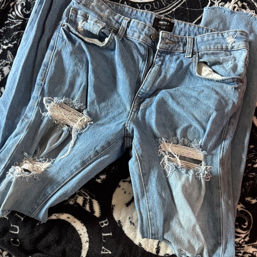 Forever 21 Light Blue Distressed Relaxed Jeans
